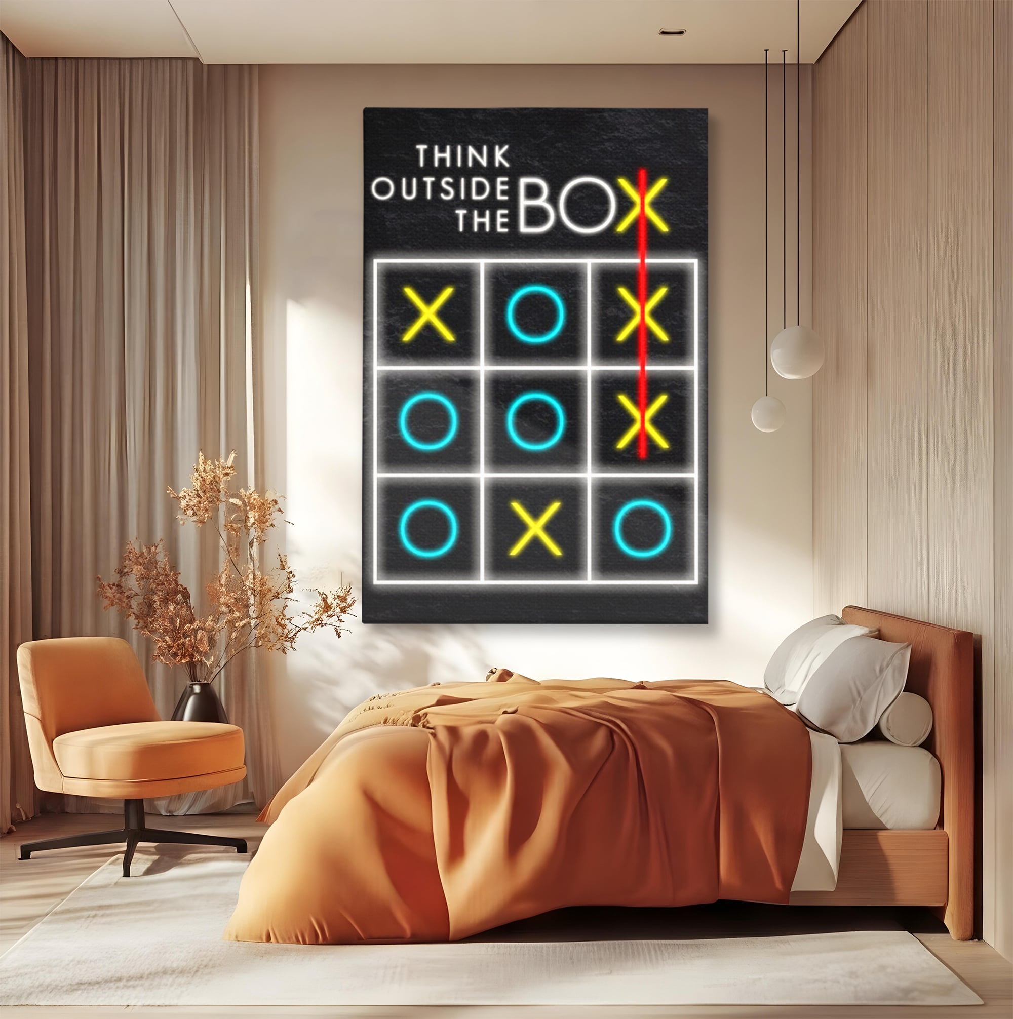 Tablou canvas cu tablou canvas cu joc de tictactoe si text, fara rama, pe sasiu de lemn, pe perete intr-un dormitor